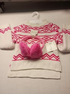 btween White & Hot Pink Fair Isle Sweater with Pink Fuzzy Earmuffs